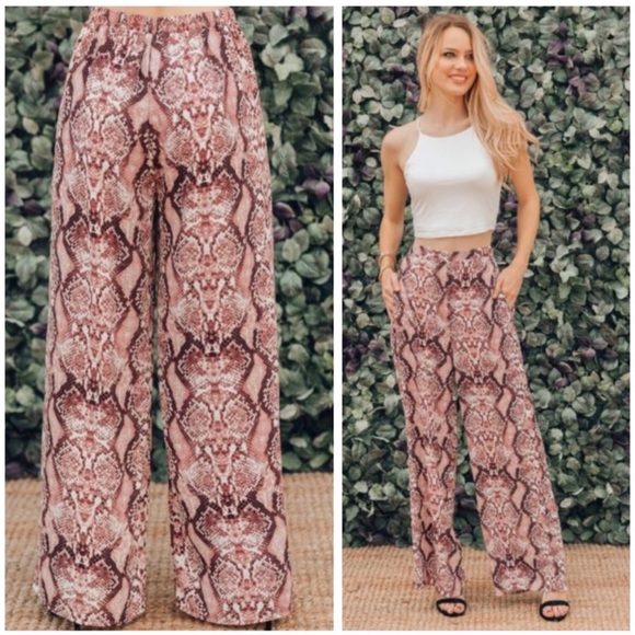 Mauve Snakeskin Print Palazzo Pants - Picture 3 of 8